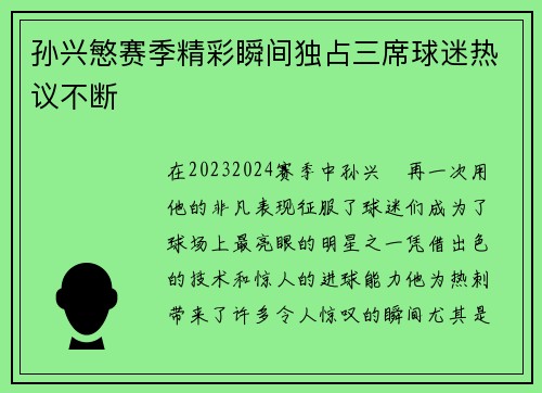 孙兴慜赛季精彩瞬间独占三席球迷热议不断